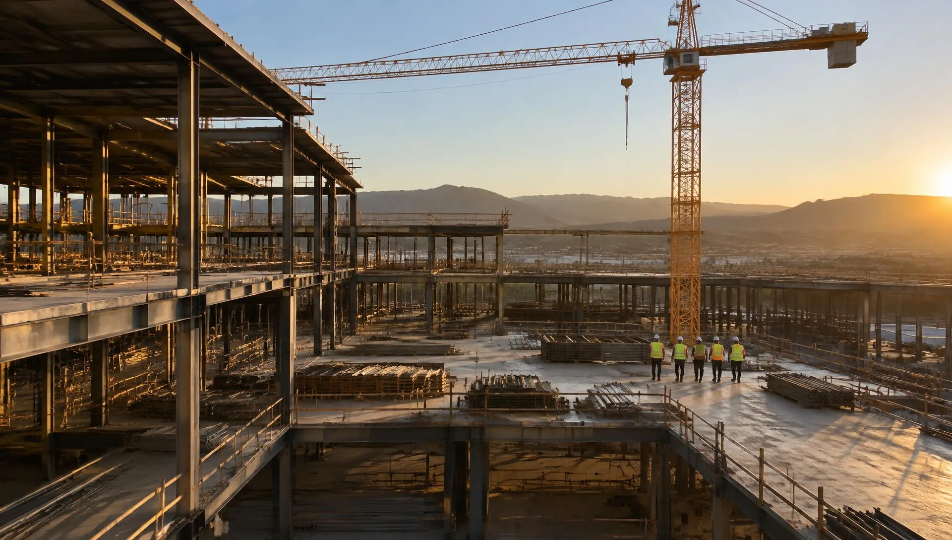 Sunrise over a large Southern California commercial construction site, with steel framing, concrete floors, a tower crane, distant dry mountains, and a small crew in hard hats and high-visibility vests seen from behind.