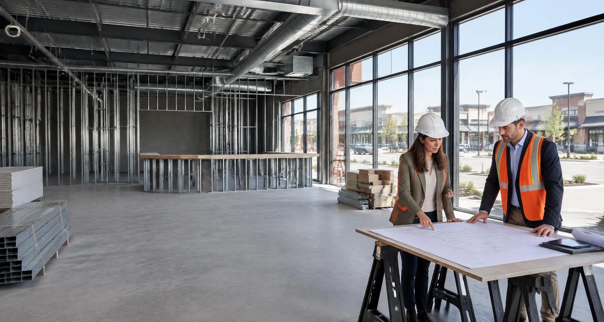 Illustrative retail fit-out with a tenant and property representative reviewing plans, not a confirmed partnership