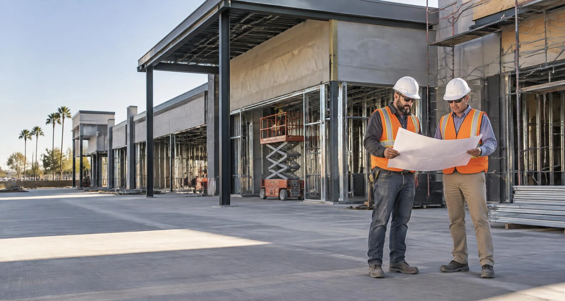 Illustrative retail build-out scene: two construction managers in hard hats and safety vests review plans outside unfinished storefronts with steel framing, a lift and scaffolding