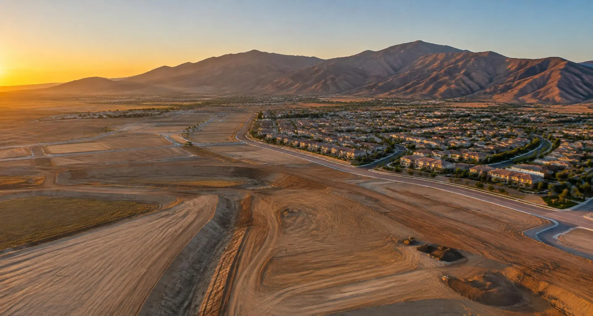 Aerial view of graded development land meeting suburban neighborhoods, with dry Southern California mountains at sunset.