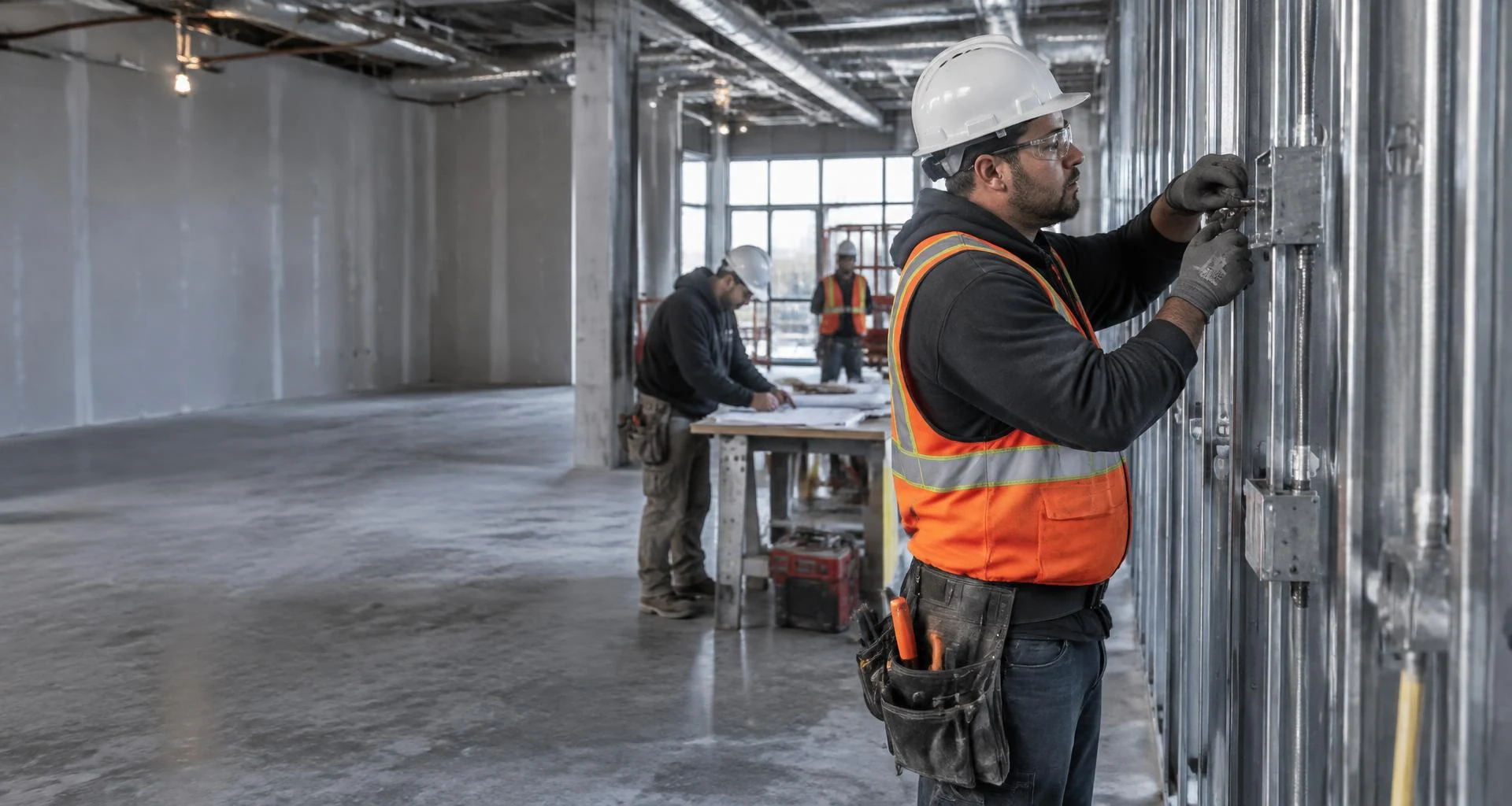 Illustrative trade crew installing conduit and framing inside an unfinished retail space, not actual coalition participants