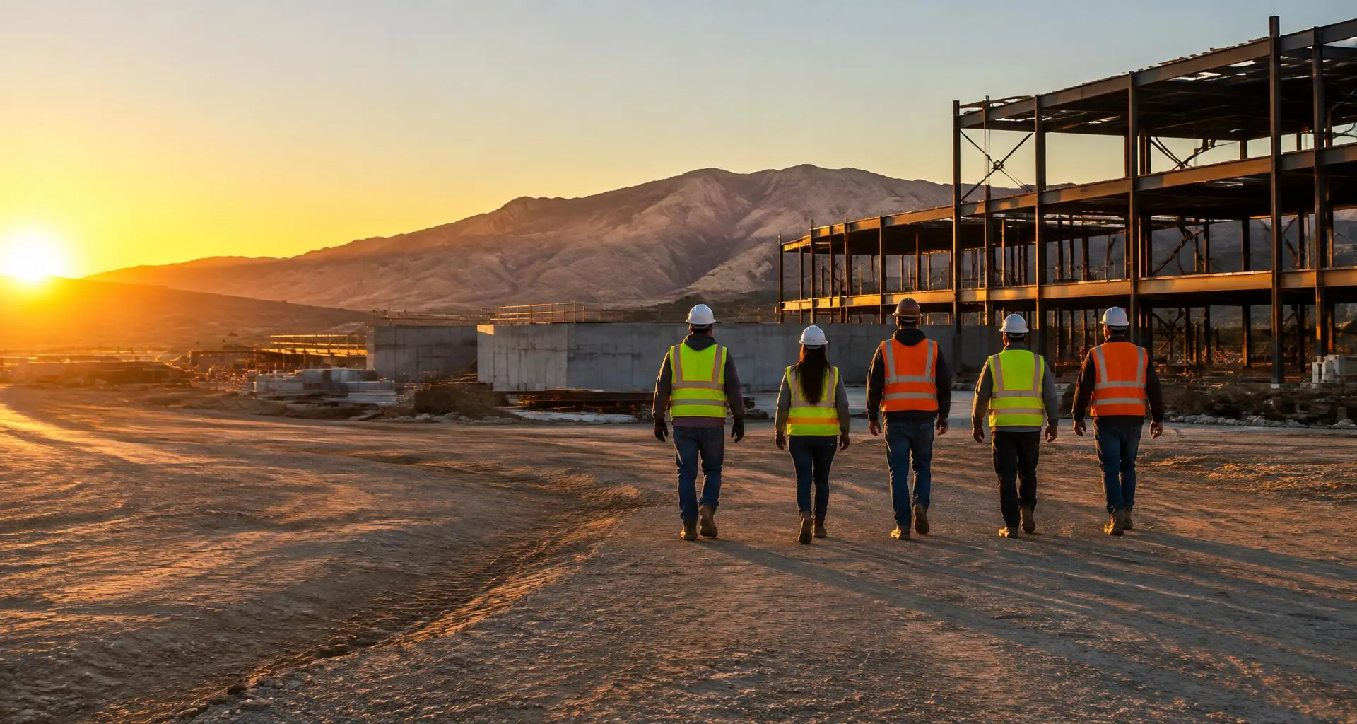 Five workers in hard hats and high-visibility vests walking away across a construction site with steel framing at golden hour.