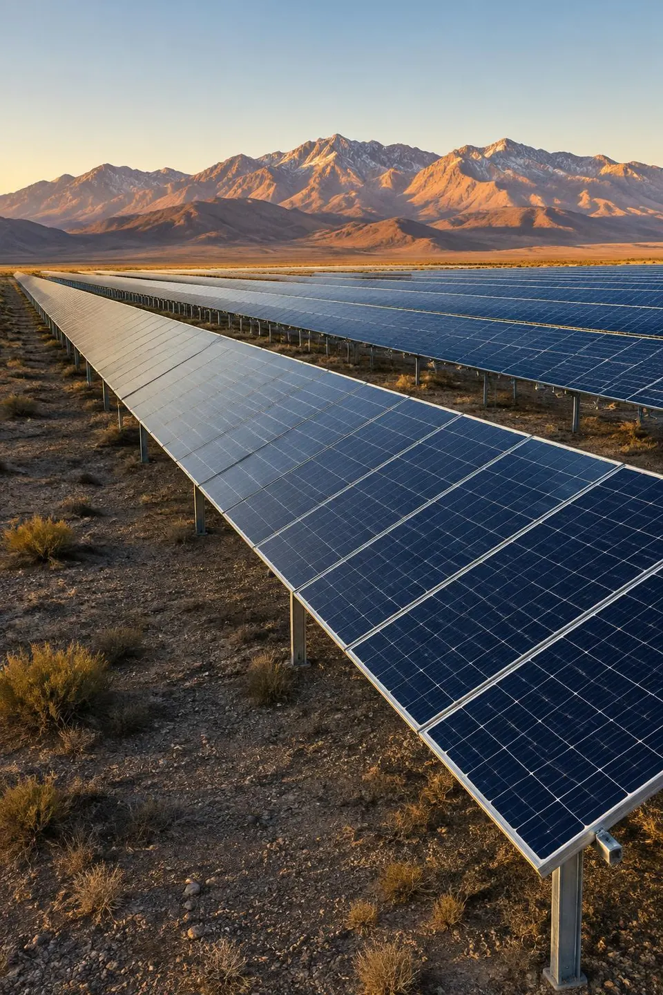 Ground-mounted solar panels extending across high-desert land toward dry mountains in dawn light.
