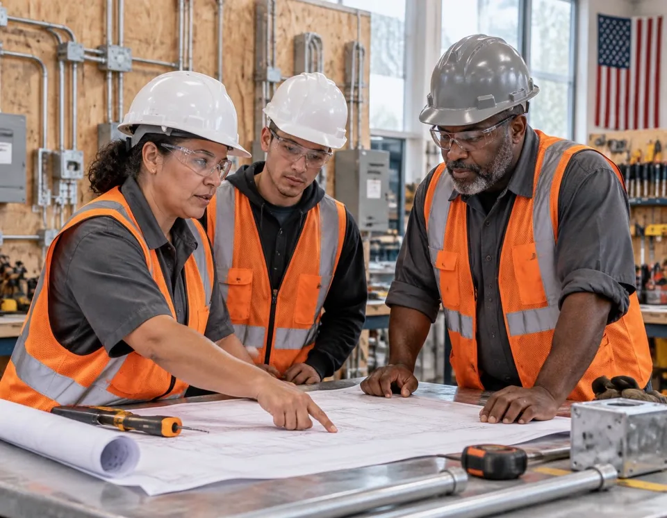 Illustrative scene of veterans and an apprentice reviewing construction plans in a trade-training workshop, with a small American flag in the background; not a historical Empower America project photograph
