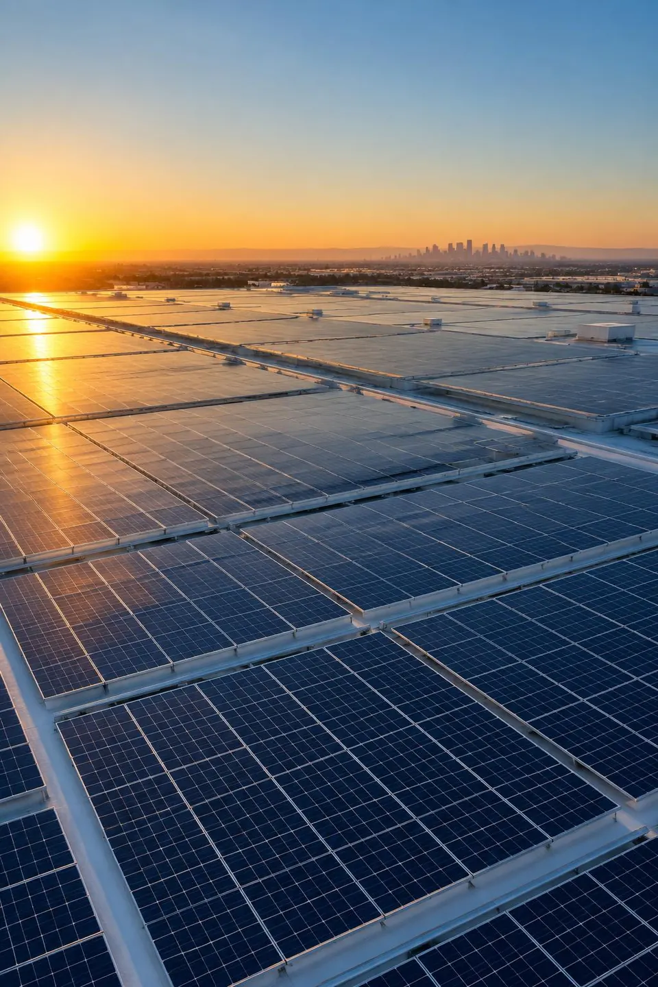 An expansive industrial rooftop covered with solar panels, with a distant city skyline in golden sunrise light.